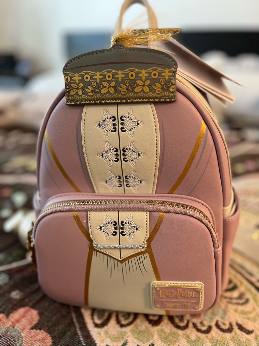 Loungefly Pink and Cream Floral-Embroidered Mini Backpack with Gold Accents